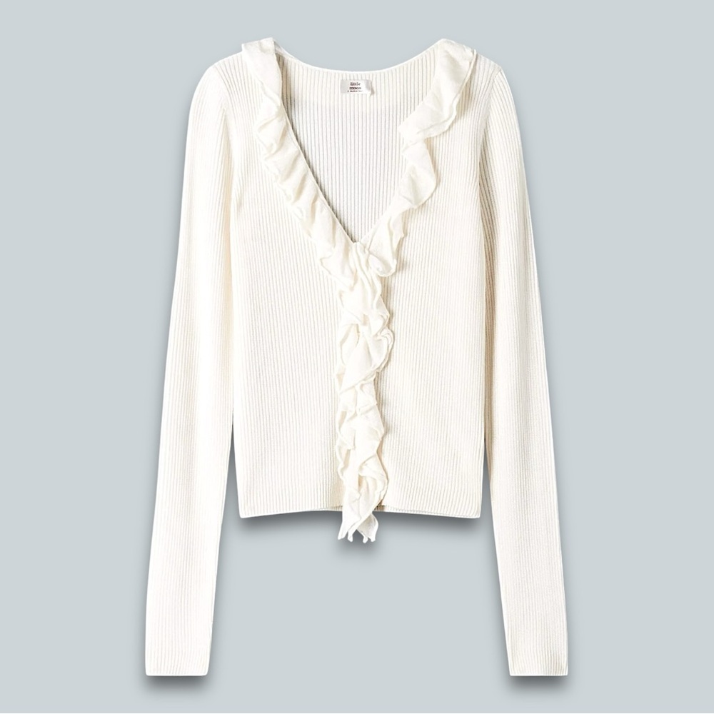 Aritzia Little Moon Little Moon Sassy Ruffle Ribbed Knit Stretchy Cardigan